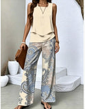 Women Two Piece Sets Boho Floral Dressy Casual Going Out Outfit Sleeveless Tiered Tank Top Wide Leg Pant Trendy Suit