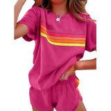 Women's Rainbow Stripe 2 Piece Loungewear Set Oversized Top and Shorts Casual Outfit
