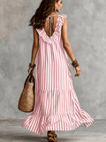 Bohemian Striped Dress Women'S Summer V-Neck Ruffled Sleeveless Loose Flared Vacation Long Dress