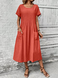 Women's Elegant Batwing Sleeve Dress - Directional Front Pleated Patch Pocket, Summer Casual Dress Loose Fit