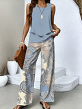 Women Two Piece Sets Boho Floral Dressy Casual Going Out Outfit Sleeveless Tiered Tank Top Wide Leg Pant Trendy Suit
