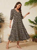 Women Summer Boho Casual Dresses 3/4 Sleeve V Neck Loose Comfort A-Line Flowy Maxi Dress