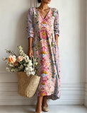 Women's Boho Floral Print Maxi Dress, V Neck 3/4 Sleeve Loose Casual Long Dress with Pockets