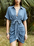 Women's Boho Dress Collared Single Breasted Tie Waist Short Sleeve Shirt Dress Rushed Botton Front Casual Vacation
