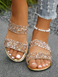 Women Sparkly Glitter Decorated Slippers, Casual Flat Summer Shoes, Lightweight Beach Sandals