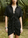 Women's Boho Dress Collared Single Breasted Tie Waist Short Sleeve Shirt Dress Rushed Botton Front Casual Vacation