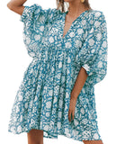 Spicy Sandia Women Summer Casual Boho Batwing Puff Sleeve Beach Vacation Babydoll Mini Dress Cruise Resort Wear