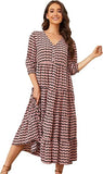 Women Summer Boho Casual Dresses 3/4 Sleeve V Neck Loose Comfort A-Line Flowy Maxi Dress