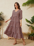 Women Summer Boho Casual Dresses 3/4 Sleeve V Neck Loose Comfort A-Line Flowy Maxi Dress