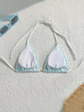 Beach Outfits for Woman - Swim Mod-D Summer Halter Solid Color Textured Fabric Bikini Top