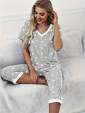 Capri Women's pajama set with V-neck short sleeved top and cropped pants pajama set with pockets