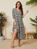 Women Summer Boho Casual Dresses 3/4 Sleeve V Neck Loose Comfort A-Line Flowy Maxi Dress