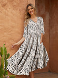 Women Summer Boho Casual Dresses 3/4 Sleeve V Neck Loose Comfort A-Line Flowy Maxi Dress
