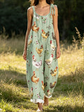 Women's Light Green Animal Print Sleeveless Jumpsuit with Tie Straps and Wide Legs for Casual Quirky Wear
