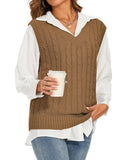 Womens V Neck Sleeveless Sweater Vest Cable Knit Casual  Ribbed Preppy Pullover Tops