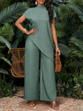 Solid Color Women's Vacation Casual Asymmetrical Hem Top and Pants Two-Piece Set, Autumn Women's Clothing