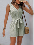 Womens Sleeveless Striped Romper, Casual V Neck Button Down Playset with Waist Tie, Summer Short Jumpsuit for Beach