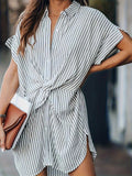 Women's Striped Print Twist-Front Short Sleeve Shirt Tunic with Side Slits for Casual Everyday Wear