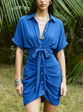 Women's Boho Dress Collared Single Breasted Tie Waist Short Sleeve Shirt Dress Rushed Botton Front Casual Vacation