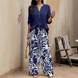 Women's 2 Piece Blue Elegant Long Sleeve V Neck Top Pullover and Floral Print Wide Leg Pants Set Vacation Matching Outfit