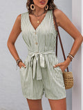 Womens Sleeveless Striped Romper, Casual V Neck Button Down Playset with Waist Tie, Summer Short Jumpsuit for Beach