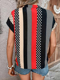 Women's Polka Dot and Stripe Print Notched Neck Short Sleeve Blouse for Casual Everyday Wear
