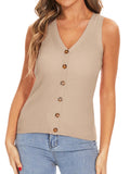 Beautiful Nomad Suéter para mujer, cuello en V, sin mangas, con botones, casual, de punto, color liso