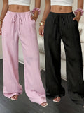 2pcs Women's Casual Solid Color Waist-Tie Pocket Wide-Leg Pants Set, Suitable for Casual Daily Wear and Vacation