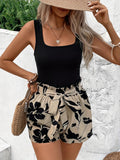 Elegant French-Inspired Women's Two-Piece Set: Sleeveless Tank Top & Floral Print Belted Shorts for All Seasons