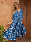 Women Summer Boho Casual Dresses 3/4 Sleeve V Neck Loose Comfort A-Line Flowy Maxi Dress