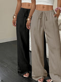2pcs Women's Casual Solid Color Waist-Tie Pocket Wide-Leg Pants Set, Suitable for Casual Daily Wear and Vacation
