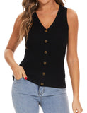Beautiful Nomad Suéter para mujer, cuello en V, sin mangas, con botones, casual, de punto, color liso