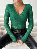 Women's Elegant V-Neck Long Sleeve Lace Top - Slim Fit Semi-Sheer Blouse with Moderate Stretch, for Spring Summer