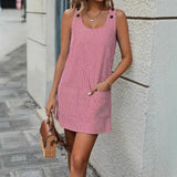 Womens Striped Sleeveless Square Neck Button Shoulder Casual Sundress with Pockets