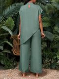 Solid Color Women's Vacation Casual Asymmetrical Hem Top and Pants Two-Piece Set, Autumn Women's Clothing