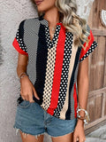 Women's Polka Dot and Stripe Print Notched Neck Short Sleeve Blouse for Casual Everyday Wear