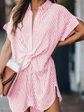 Women's Striped Print Twist-Front Short Sleeve Shirt Tunic with Side Slits for Casual Everyday Wear