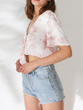 Women's Short Sleeve Floral Crop Top Casual Tie Front Boho Blouse