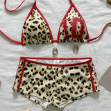 Women's 2-Piece Leopard Print Triangle Bikini Top and Matching Shorts Set Perfect for Beach and Vacation Looks