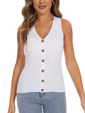 Beautiful Nomad Suéter para mujer, cuello en V, sin mangas, con botones, casual, de punto, color liso