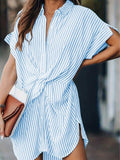 Women's Striped Print Twist-Front Short Sleeve Shirt Tunic with Side Slits for Casual Everyday Wear