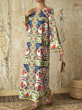 Women's Long Sleeve Print Maxi Dress, Elegant Casual Resort Style, Perfect for Vacation Wear