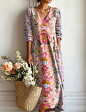 Women's Boho Floral Print Maxi Dress, V Neck 3/4 Sleeve Loose Casual Long Dress with Pockets