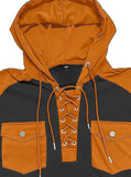 Men's Color Block Waffle Knit Hooded Sweater with Lace-Up Neckline, Perfect for Casual and Outdoor Wear