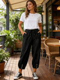 Women High Waist Drawstring Trousers Wide Leg Cropped Pants with Pockets