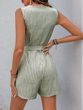 Womens Sleeveless Striped Romper, Casual V Neck Button Down Playset with Waist Tie, Summer Short Jumpsuit for Beach
