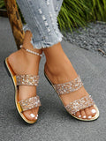 Women Sparkly Glitter Decorated Slippers, Casual Flat Summer Shoes, Lightweight Beach Sandals