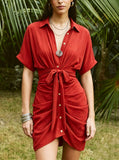 Women's Boho Dress Collared Single Breasted Tie Waist Short Sleeve Shirt Dress Rushed Botton Front Casual Vacation