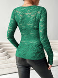 Women's Elegant V-Neck Long Sleeve Lace Top - Slim Fit Semi-Sheer Blouse with Moderate Stretch, for Spring Summer