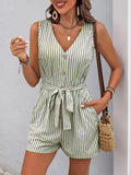 Womens Sleeveless Striped Romper, Casual V Neck Button Down Playset with Waist Tie, Summer Short Jumpsuit for Beach